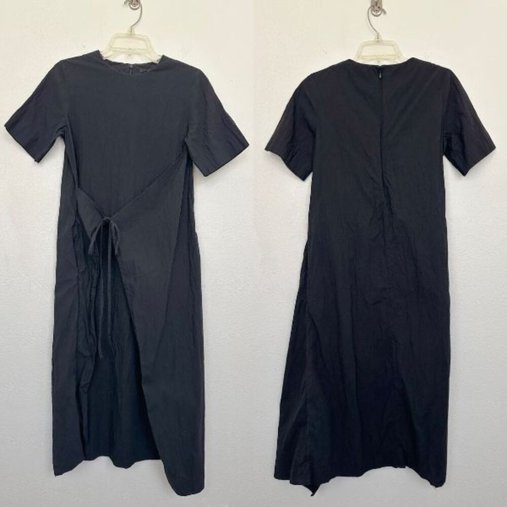 COS Apron Wrap Seersucker Midi Dress Black Tie Minimalist Cotton Women's Size 2 - Picture 2 of 11